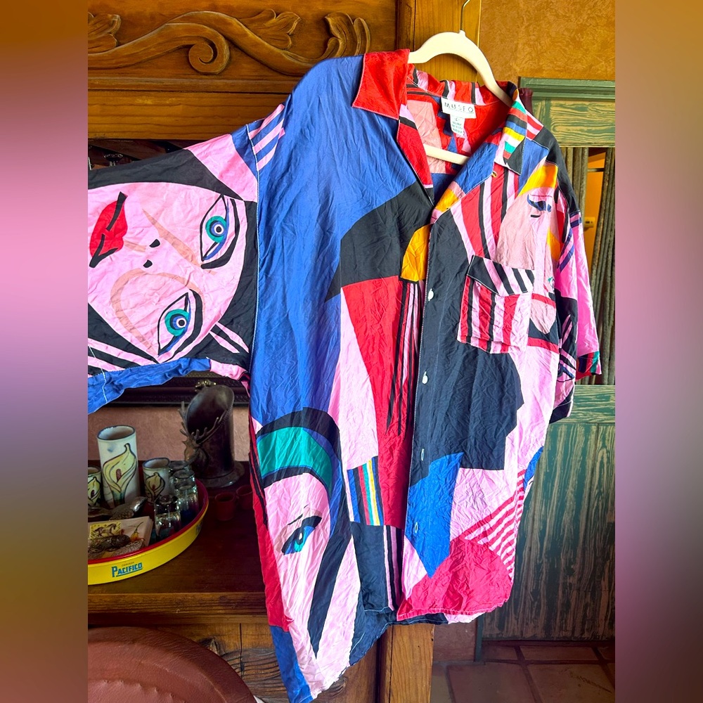 Silk Colorful Bold Print Button-Up Shirt